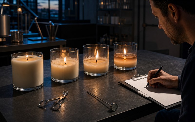 A dynamic candle burn-test bench with several labeled vessels at different melt-pool stages, flames leaning subtly in controlled airflow, and a technician recording observations with natural hands