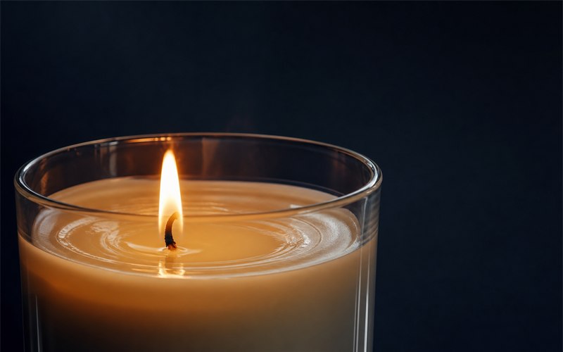 A lit candle with a moving amber flame, a visible molten wax pool, and subtle heat-driven fragrance currents rising into a cool room