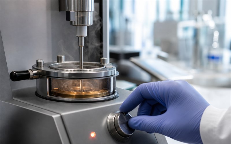 A trained laboratory technician operating a closed-cup flash point tester with a temperature probe and controlled vapor test chamber