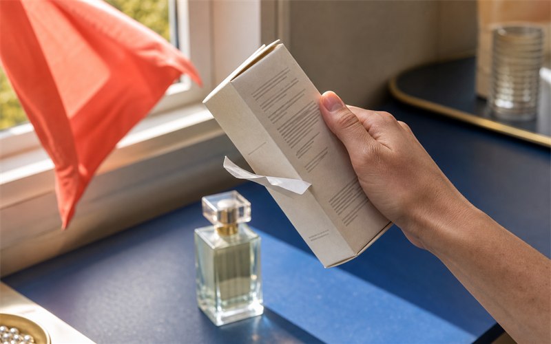 A natural human hand turning a vivid perfume carton toward daylight to inspect its side panel while a loose paper label corner flutters in a gentle breeze, candid realistic skin