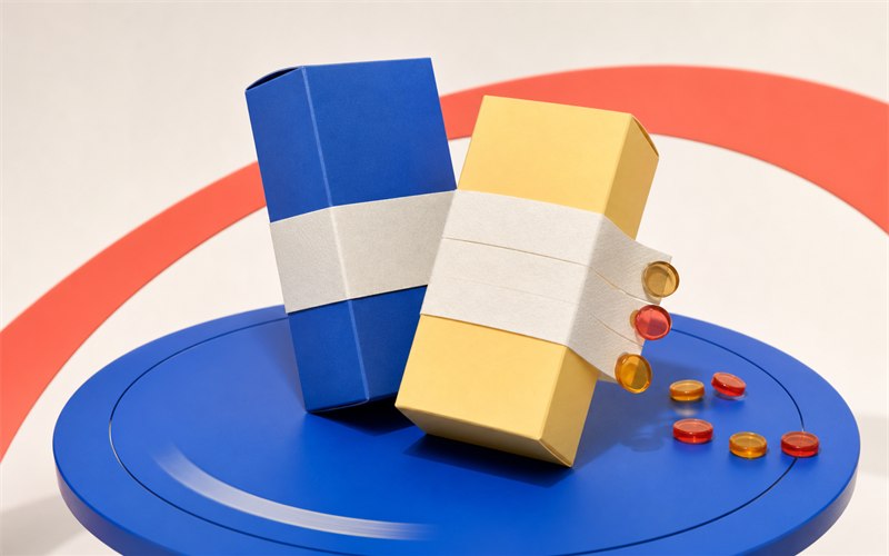 Two different perfume cartons crossing on a rotating platform as cobalt and coral disclosure bands unwind and small allergen tokens separate from one band, no text or flags