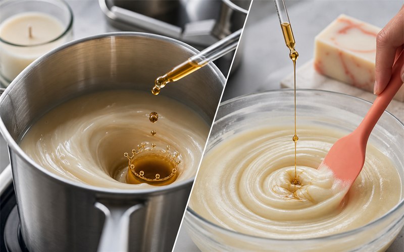 A lively editorial split scene showing measured fragrance droplets swirling into molten candle wax and into soap batter during controlled production