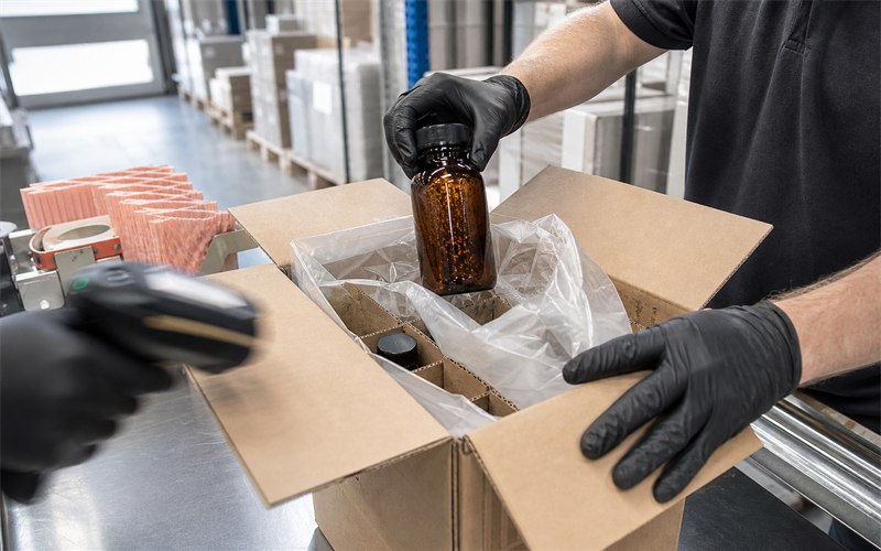 A logistics specialist in realistic protective gloves actively packing sealed fragrance bottles with absorbent cushioning into a robust shipping carton beside a handheld scanner