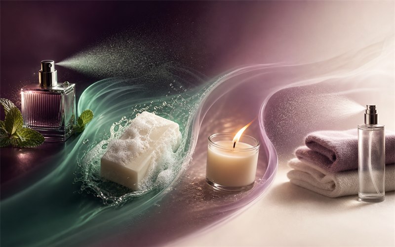 A kinetic editorial arrangement of perfume mist, soap lather, a moving candle flame, and fabric spray droplets orbiting distinct color zones without text or labels