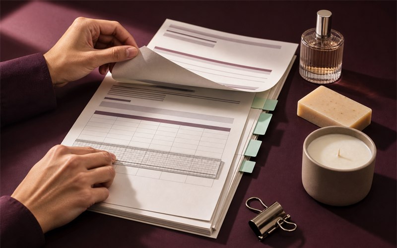 A fragrance compliance specialist reviewing a certificate beside color-coded product-category tabs and sealed product samples in a dynamic overhead composition