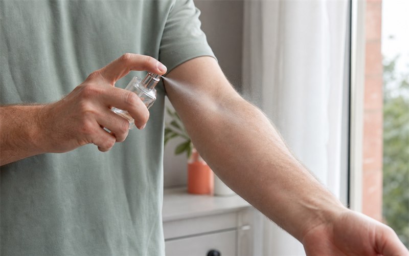 A person making one controlled perfume spray onto the lower forearm with the bottle held at a natural distance