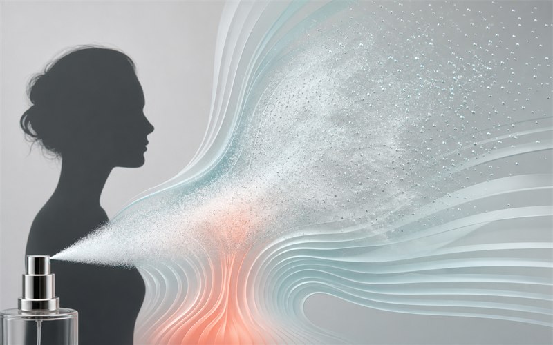 A visible perfume mist expanding through warm moving air near a naturally reacting person