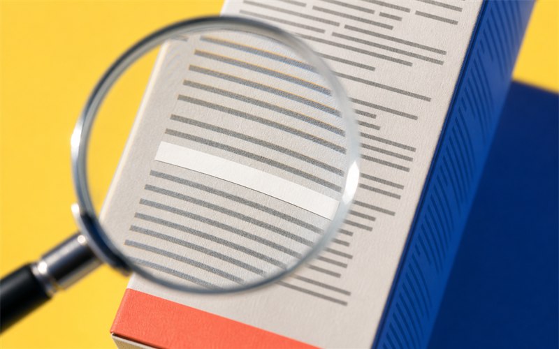 A moving magnifying lens crossing a perfume carton ingredient panel made of abstract unreadable lines, with a vivid label ribbon lifting in the air