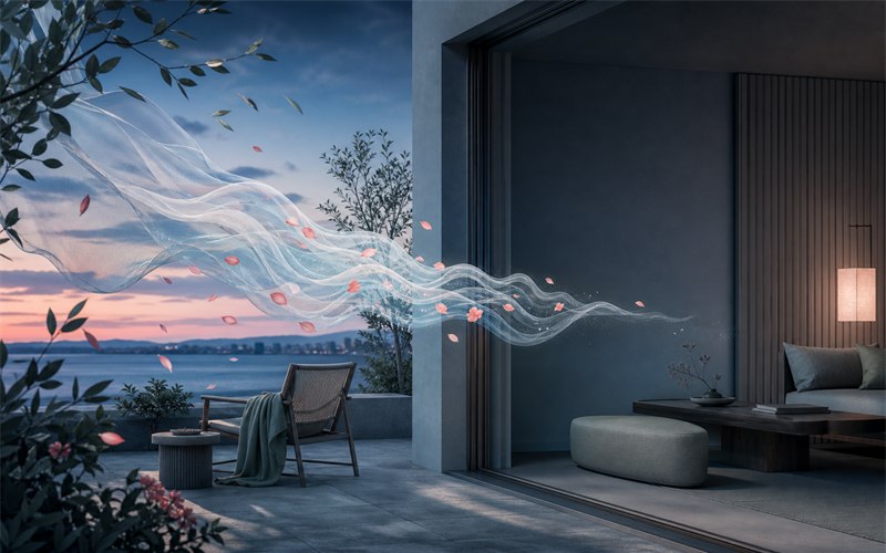 A flowing ribbon of perfume mist becoming lighter as it moves from a lively outdoor evening toward a quiet shared interior