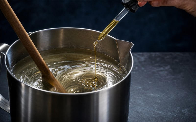 Molten candle wax in motion as measured amber fragrance droplets are stirred into it, showing a clean cohesive swirl without separation
