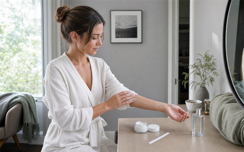 A person applying unscented moisturizer before testing perfume at a home vanity