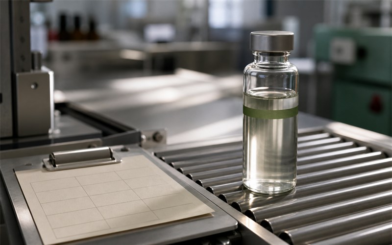 A gloved quality-control hand scans an unbranded batch label while a COA is aligned with a clear fragrance sample vial on a clean production bench