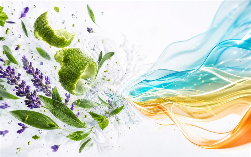 A burst of citrus peel droplets and aromatic steam from fresh botanicals meeting precisely layered translucent fragrance ribbons in motion