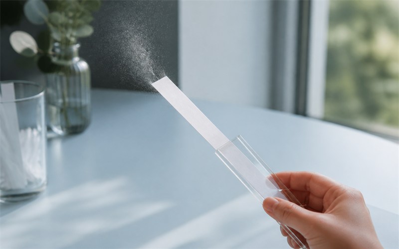 A close view of a hand placing one small fragrance blotter into a clear glass sampling sleeve while a single mist settles, showing controlled one-product testing