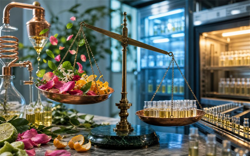 Fresh botanical harvest and distillation droplets moving across a kinetic balance toward standardized fragrance samples passing through heat and light testing