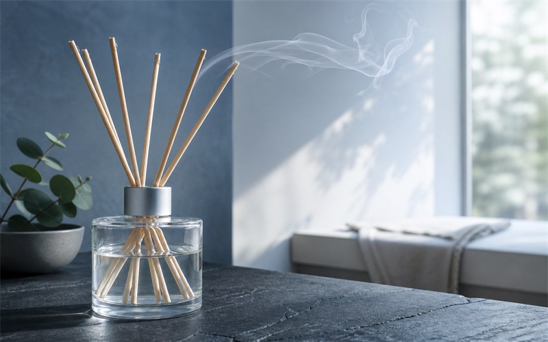 An unbranded reed diffuser on a cool studio table as clear liquid visibly climbs through reeds and a measured trail of vapour moves into an airy room
