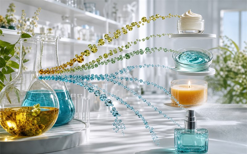 Botanical oil droplets and precision fragrance droplets moving through separate measured paths toward four distinct product formats under controlled laboratory light