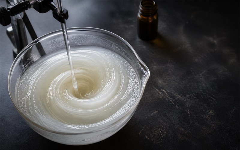 A controlled swirl of clear fragrance concentrate disperses through a translucent cosmetic base in a glass mixing vessel, showing real formulation movement without people or text