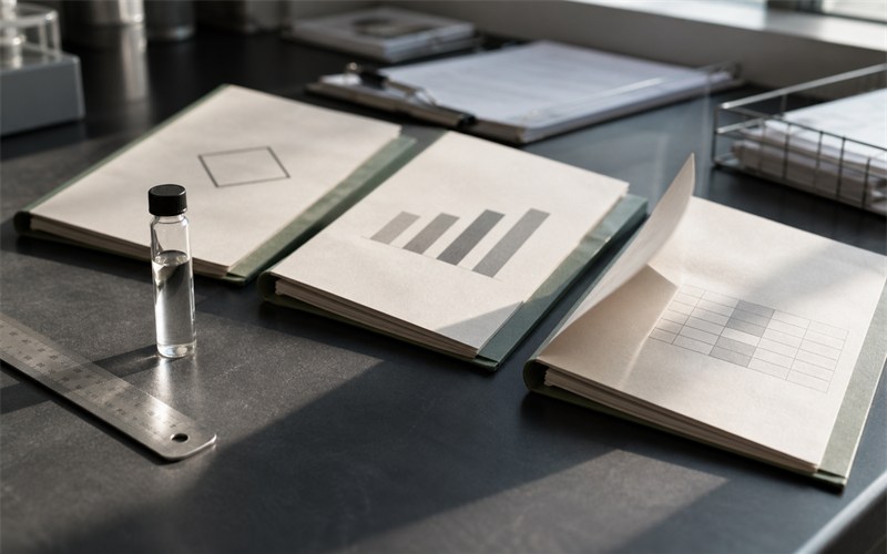 A fragrance buyer and quality specialist actively compare three unbranded technical documents beside a sample vial, with a page being turned in natural daylight