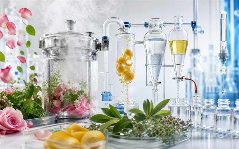 Petals, citrus peel and aromatic leaves moving through steam, expression and clean separation stages before converging as precisely measured fragrance droplets