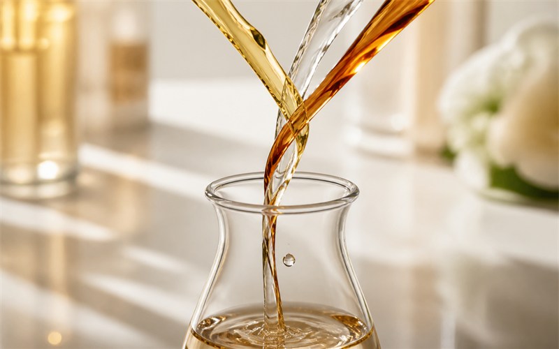 A perfumer's clear blending vessel captures three translucent scent streams converging into one balanced spiral, with no labels or logos