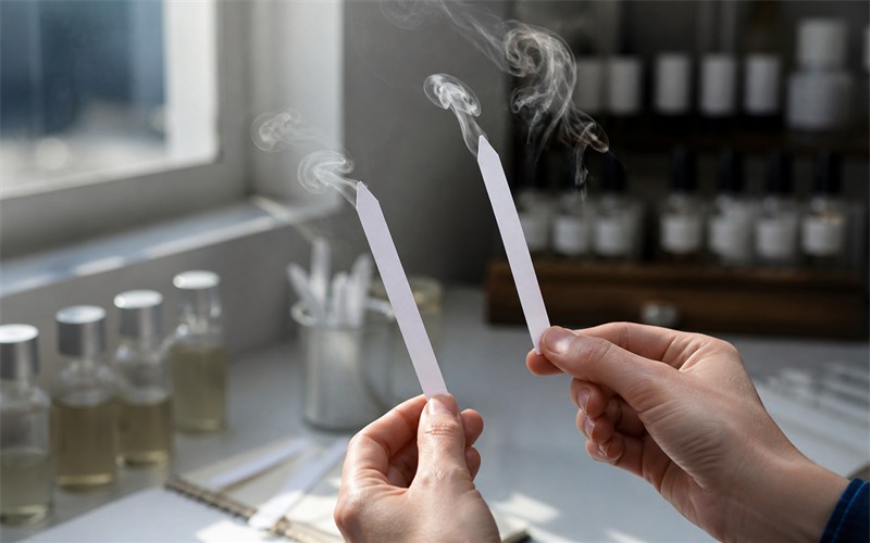 Two unbranded scent blotters are held in natural hands at a side window while a perfumer compares their rising scent trails, showing a careful bottle-to-bottle evaluation