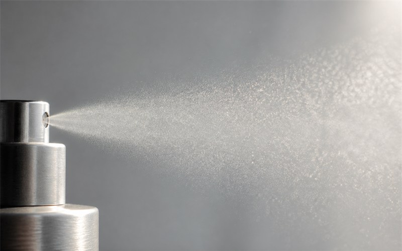 A clear fragrance droplet impacts a reflective surface and sends fine concentric ripples and luminous vapour outward, visualizing projection and diffusion