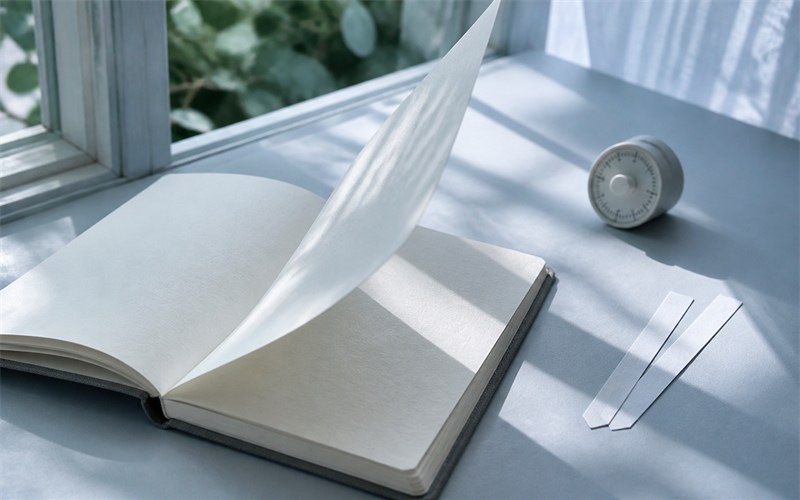 An open testing journal beside two unbranded scent strips, with a timer and soft moving window light, documenting a calm fragrance comparison