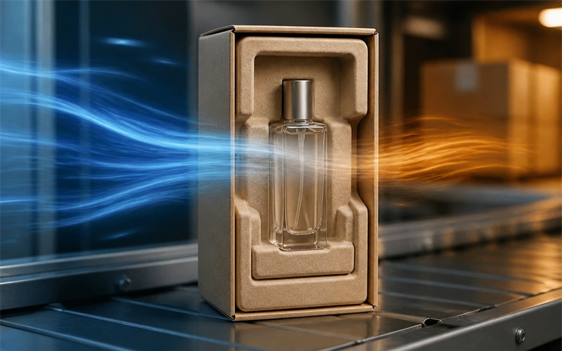 A sealed unbranded fragrance bottle stands upright in a protective transport insert while a translucent temperature-gradient sleeve moves around the package, visualizing stability checks through shipping conditions