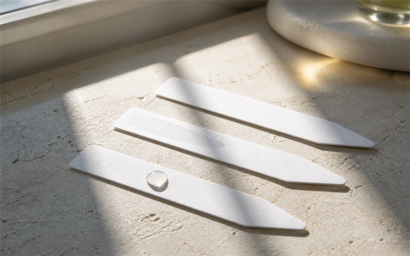 A sequence of three unbranded scent strips at different stages of evaporation, with a moving beam of daylight crossing them from fresh spray to drydown