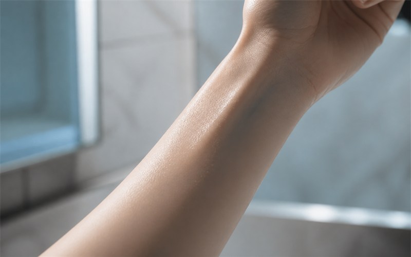 A close view of a clean wrist with fine fresh perfume droplets in cool daylight, showing how fragrance develops on skin
