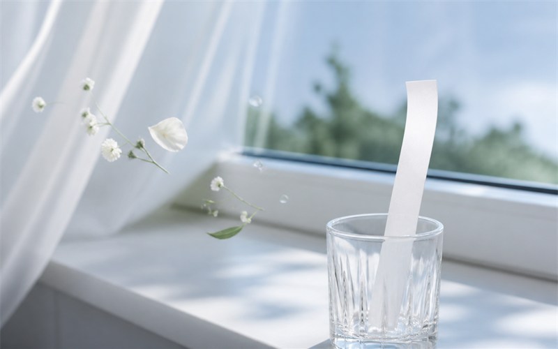 A person in natural daylight calmly evaluating a fragrance blotter near an open window, with a gentle airflow carrying away a delicate scent trail