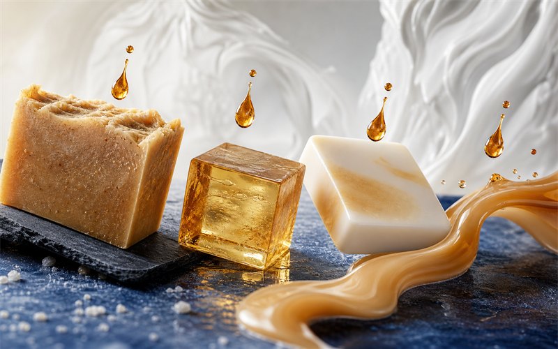 Four soap formats moving through a kinetic color comparison: cold process loaf, clear melt and pour cube, white opaque bar and liquid soap ribbon, each receiving the same measured fragrance droplets