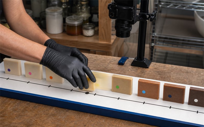 A soapmaker in realistic gloves sliding coded soap samples along a bright timeline board while a camera captures cream, tan and brown stages under fixed lighting