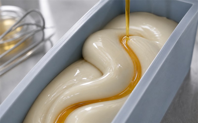 Close-up of glossy soap batter folding in a mould as one translucent ribbon of fragrance colour swirls through it, captured mid-motion without logos or text