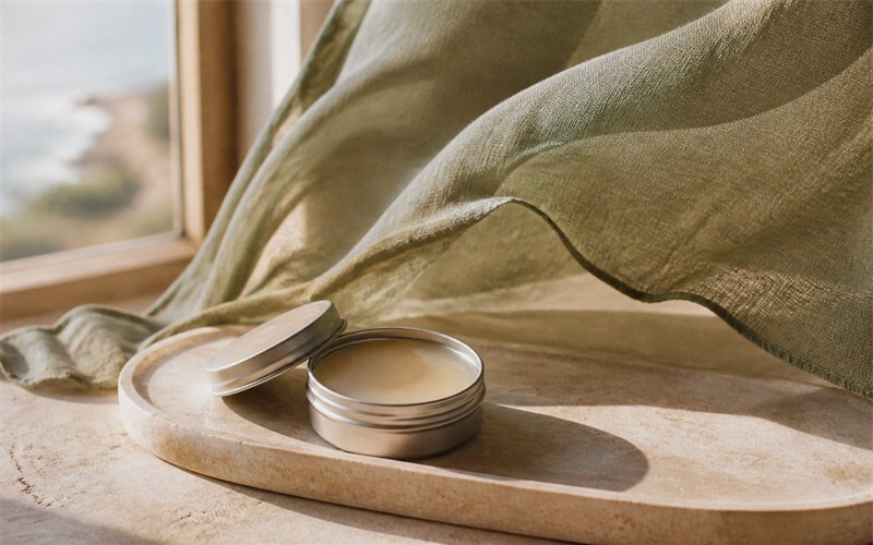 A small unbranded solid perfume balm catches warm sunlight while a ribbon of fabric moves beside it in a light breeze, showing portable format and heat considerations