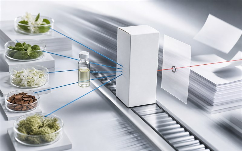 A moving chain of unlabeled product package, translucent claim sheet, botanical source samples and laboratory documents connected by vivid blue and red threads