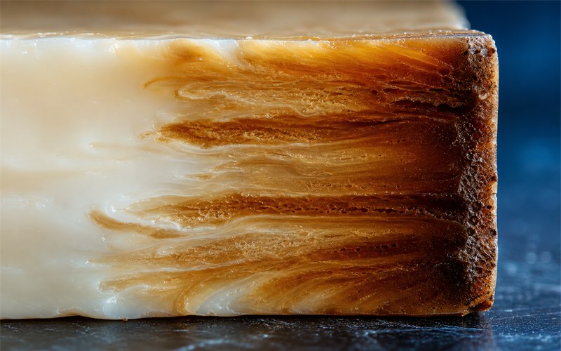A macro sequence of pale soap changing through cream, caramel and brown as an oxidation-like color wave moves from the air-exposed edge inward