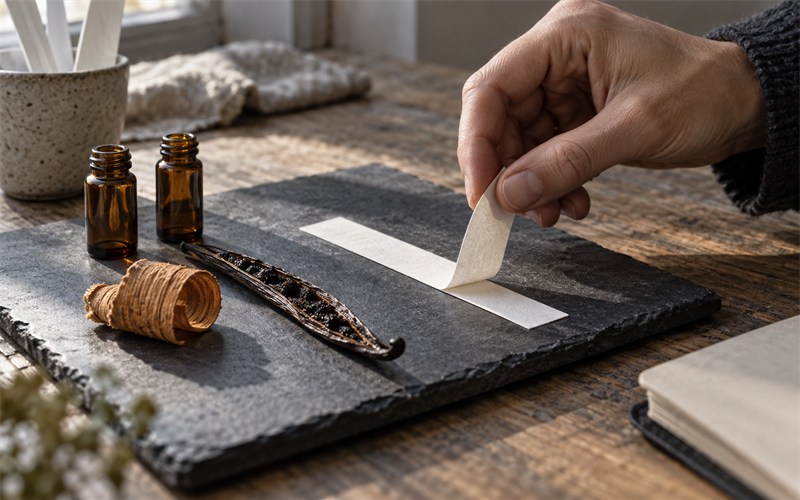 A perfumer turning a blotter strip beside cedar, vanilla and unlabelled sample vials