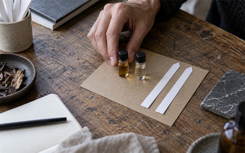 A perfumer aligning two sample vials and blotter strips on a plain evaluation card