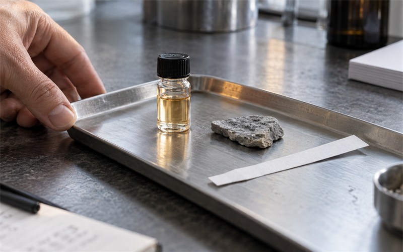 An unlabelled fragrance sample vial on a metal tray beside a mineral reference tile