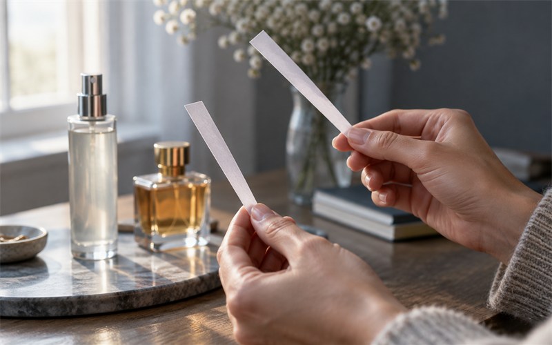 A person comparing two fragrance blotters after a daylight drydown test beside a mist and perfume bottle