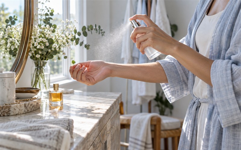 A light body mist and a smaller eau de parfum spray being applied in separate daylight moments