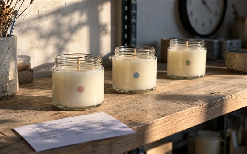 Three unbranded candle testers marked only by color dots resting in a controlled test room beside a timer