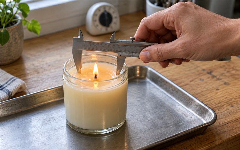 A maker measures a candle melt pool with a caliper during a controlled wick test