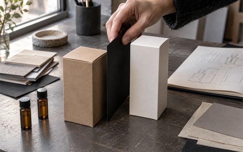 Packaging developers comparing two clearly different unbranded perfume carton prototypes during an identity review