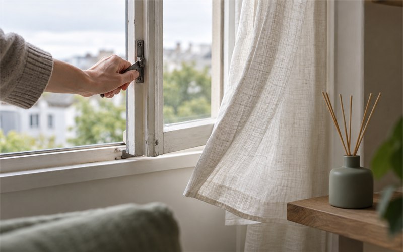 An open window and a reed diffuser in a lived-in room showing why ventilation changes fragrance intensity