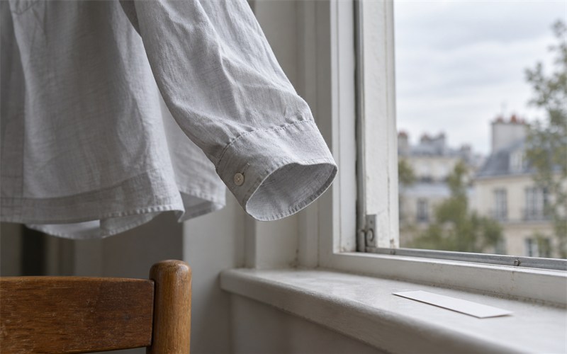 A pale cotton sleeve moving naturally beside an open window and a scent blotter