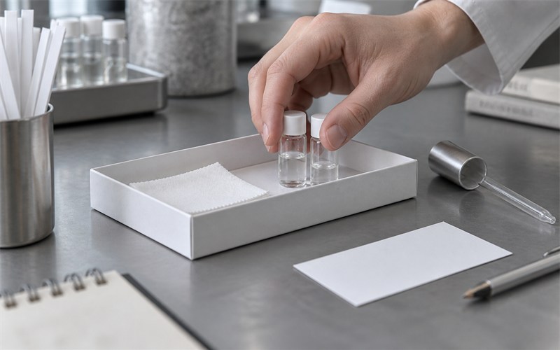 A fragrance evaluator placing unlabelled sample vials beside a cotton swatch