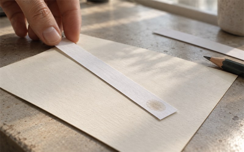 A used fragrance blotter strip being set on a paper evaluation card in daylight